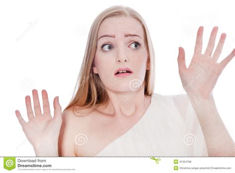 Scared Woman Raising Hands Up Stock Image Image Of Look Happy 41324789
