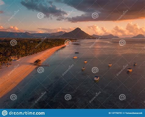 Aerial View Of Flic And Flac, Mauritius In Sunset Light. Exotic Beach ...
