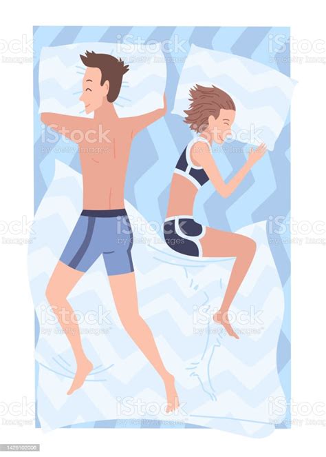 Sleep Peoples On Bed Characters Lying Posture During Night Slumber Top View Asleep Couple At