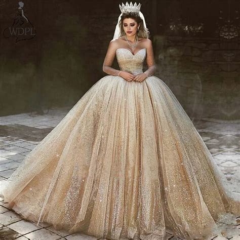 Luxury Arabic Gold Wedding Dresses 2019 Sequins Princess Ball Gown Royal Wedding Dress
