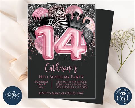 14th Birthday Invitation Template Editable Black And Pink Etsy India