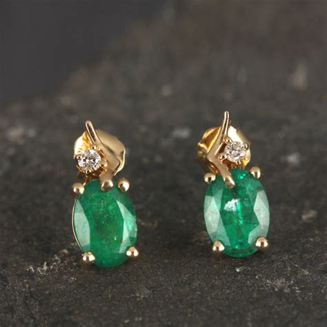 Genuine Emerald Stud Earrings Solid 14k Yellow Gold Ear Etsy