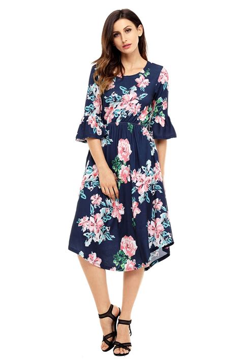 Woman Summer Dress Floral Print T Shirt Dress 34 Bell Sleeve Floral