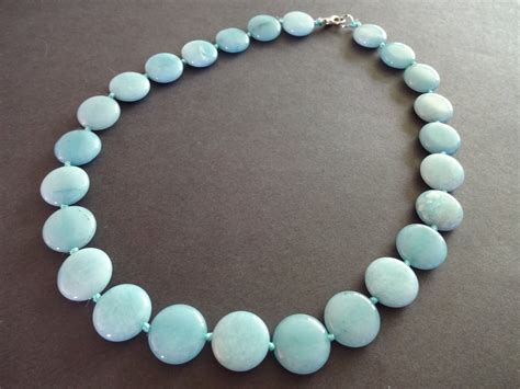 Natural Aquamarine Bead Necklace 18 185 Inch Long 16mm Flat Round