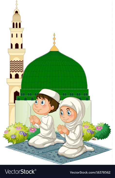 Two Muslim Kids Praying At Mosque Royalty Free Vector Image