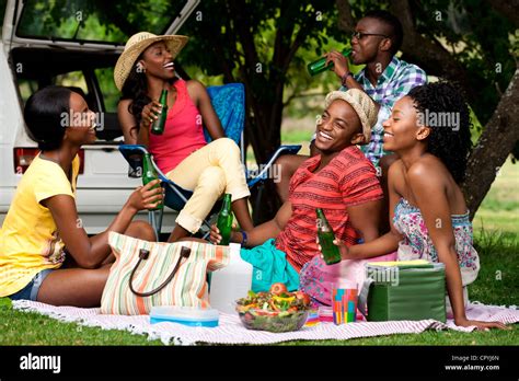 5 Young Black Adults Have A Picnic In A Park Stock Photo Alamy