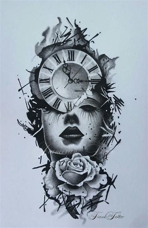 Black And White Sketch Of A Woman With A Clock And A Rose Birthday