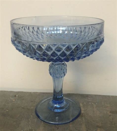 Vintage Indiana Blue Cut Glass Diamond Point Pedestal Candy Dish Bowl