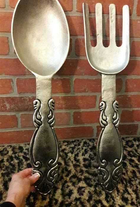 big giant fork spoon wall art decor silver metal 2 feet 24 restaurant props metallic silver