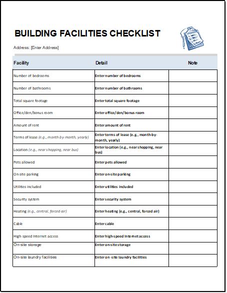 Building Facilities Checklist Template Excel Templates