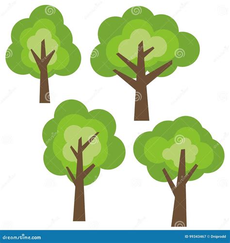 Set Of Four Different Cartoon Green Trees Isolated On White Background