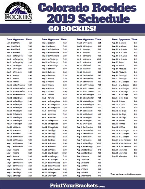 Colorado Rockies Schedule Printable