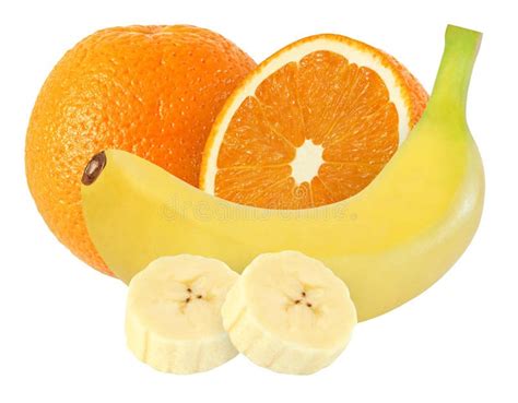 Banana And Orange Fruits Isolated On White With Clipping Path Stock