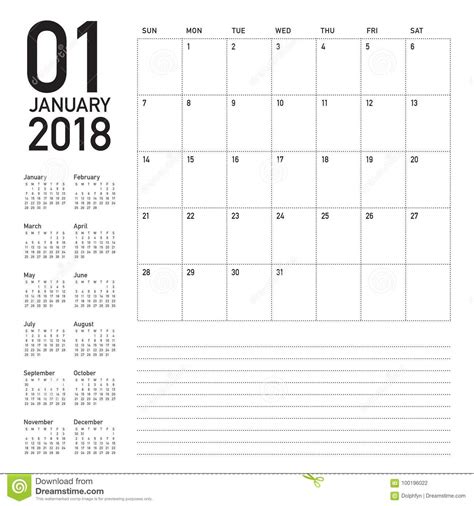 January 2018 Calendar Planner Vector Illustration Stock Vector