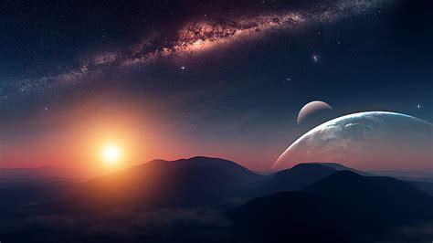 Andromeda Planets Galaxy Landscape Stars Digital Moon Clouds
