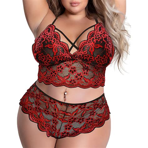 Plus Size Lingerie Set For Women， Sexy Cross Strappy Lace Up Bra Lacehigh Waisted Underwear