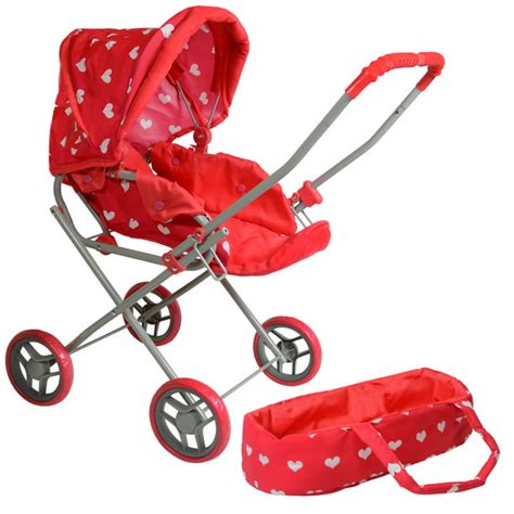 The New York Doll Collection Heart Printed Doll Bassinet Stroller With