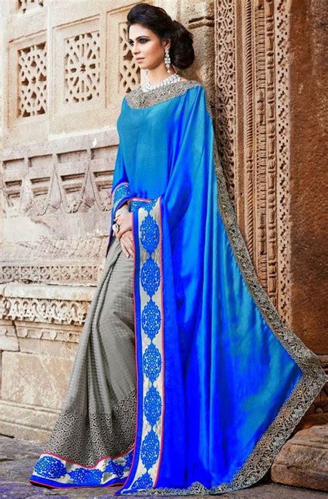 Alluring Ash Gray And Blue Color Partywear Saree Saree Designs Party