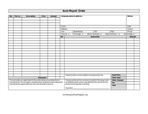 Free Auto Repair Shop Work Order Template Printable Templates