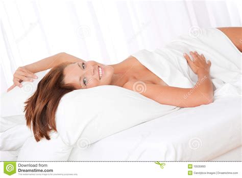 Smiling Brown Hair Woman Lying In White Bed Stock Image Image Of
