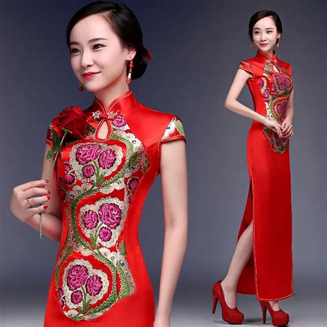 summer new red chinese cheongsam bride wedding qipao party dress women satin long slim flower