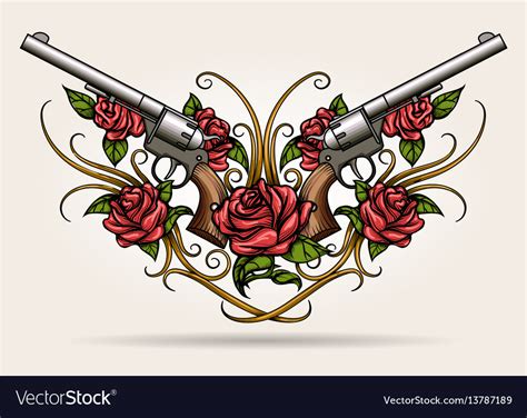 Two Guns And Rose Flowers Drawn In Tattoo Styl Vector Image