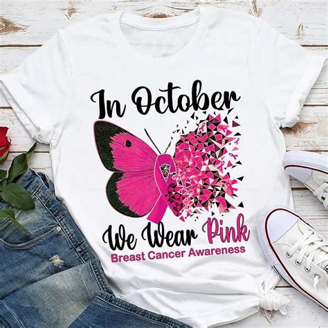 in october we wear pink breast cancer awareness butterfly ribbon cancer warrior shirt