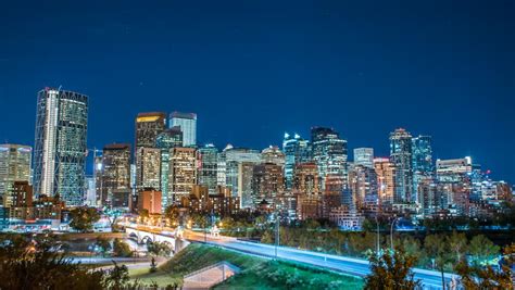 Lights With Saddledome And Skyline At Night In Calgary Alberta Canada