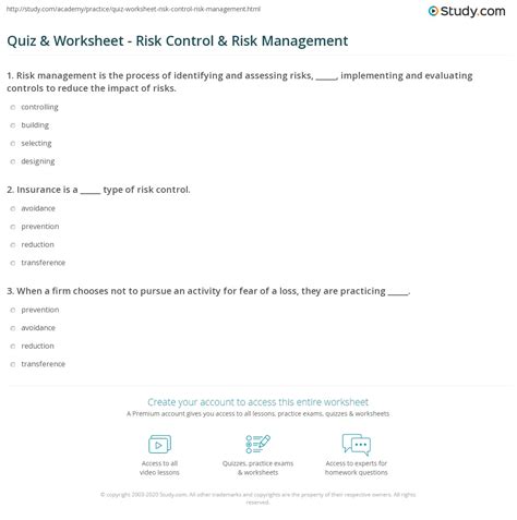 Quiz And Worksheet Risk Control And Risk Management