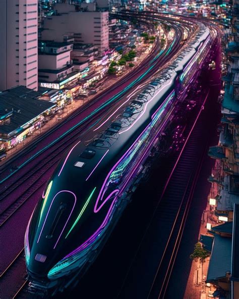 A High Speed Train Traveling Through A City At Night