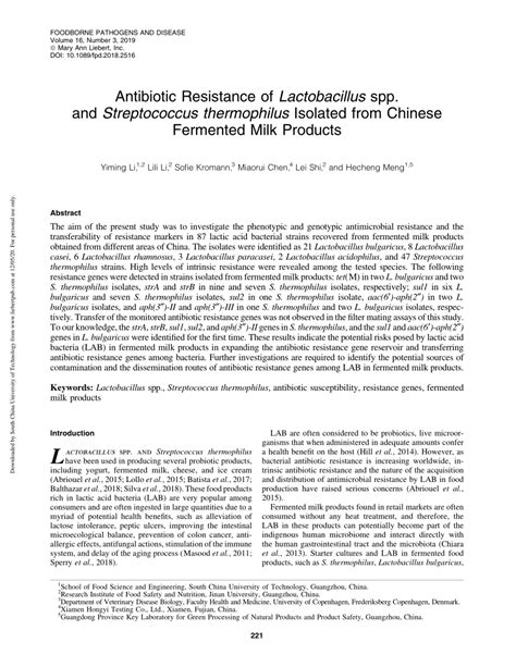 pdf antibiotic resistance of lactobacillus spp and streptococcus thermophilus isolated from