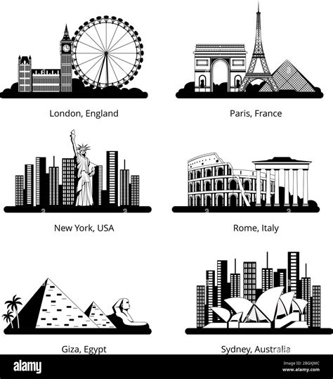 Vector Silhouette Set With Panoramas Of Famous Landmarks Black