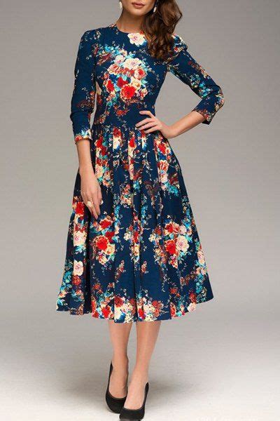 Vintage Floral Pleated Long Sleeve Midi Dress In 2019
