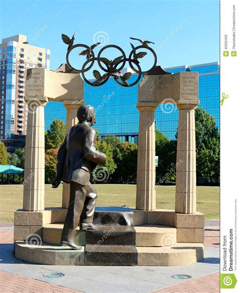 Statue Of Pierre De Coubertin And Olympic Sculpture In Downtown Atlanta