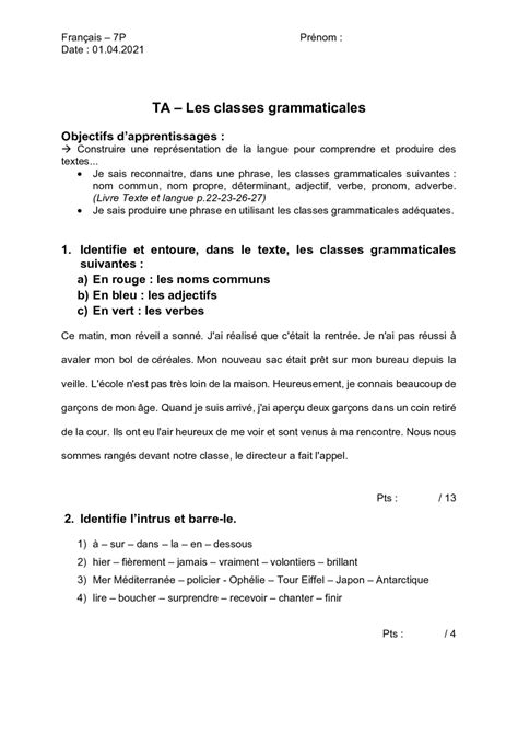 Français 7P Classes grammaticales exercices ta BDRP