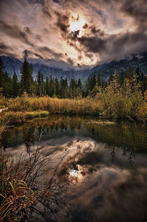 Sunset On The Swamp In The Cascade Mountains Romantic Landscape From