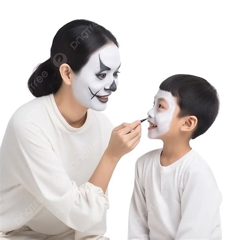 Asian Mother And Kid Son Getting Makeup Halloween Face Painting Look
