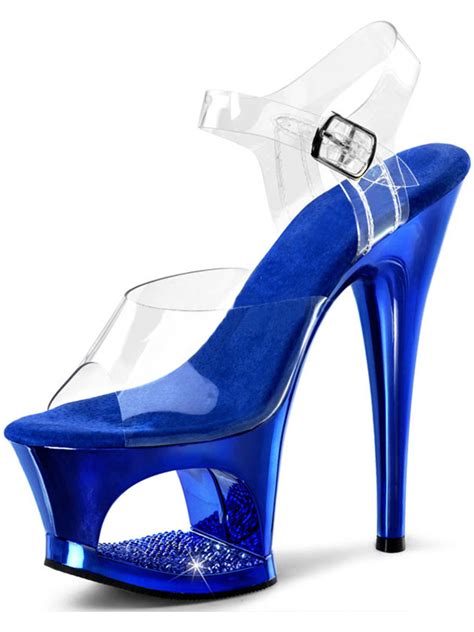 pleaser royal blue high heels with rhinestone encrusted cutout platform and 7 inch heel
