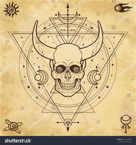 mysterious drawing horned skull sacred geometry stock vector royalty free 1132295093