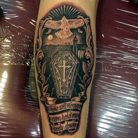 One of the most visible places for a tattoo, religious tattoos on the forearm are for strong, solid believers who won't mind the occasional question or comment. 90 Coffin Tattoo Designs For Men - Buried Ink Ideas
