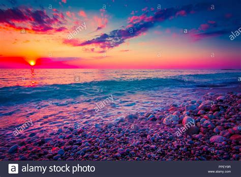 Beautiful Sunset Above Sea Seascape Background Stock