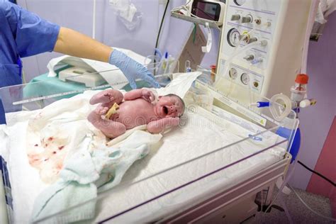New Mother With Crying Baby In Hospital Stock Photo