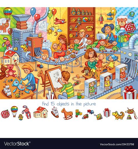 Toy Factory Find 15 Objects In The Picture Vector Image