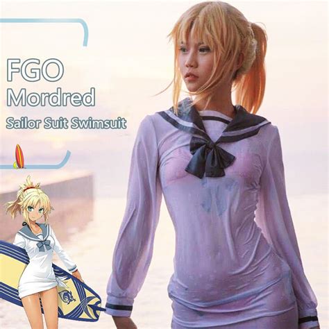 Anime Fate Grand Order Mordred Sailor Suit Bikini Dress Swimsuit Cosplay Costume Summer Pool