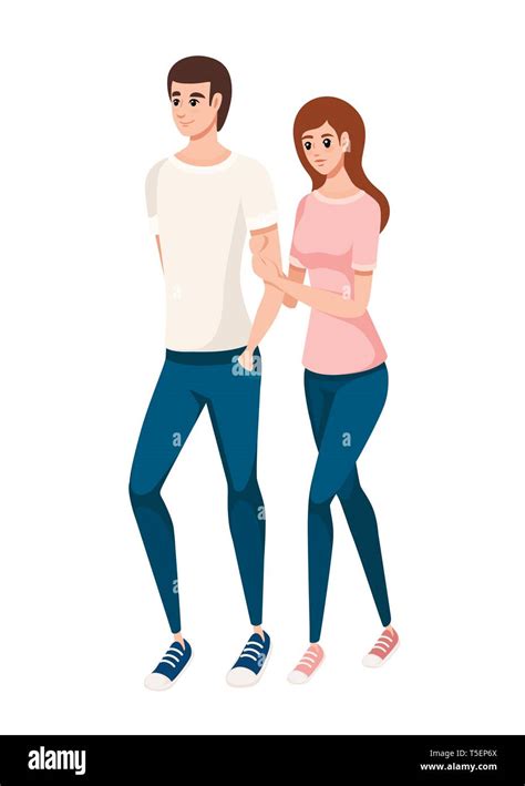 Happy Young Couple Walk Together Cartoon Character Design Flat Vector