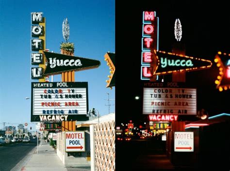 The Motel Signs Are Lit Up At Night And Day