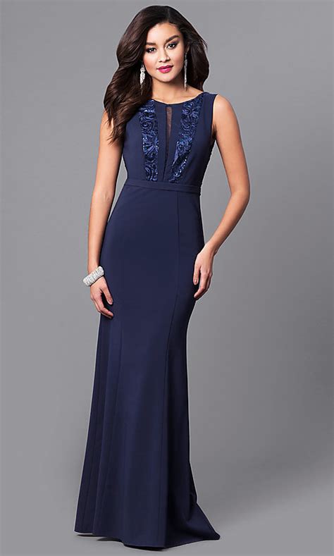 Long Navy Blue Prom Dress With Sequins And Lace