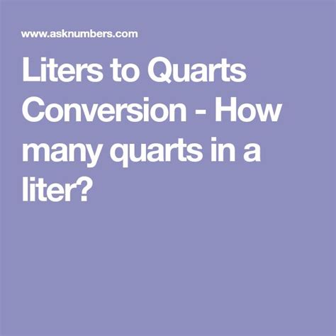 You can view more details on each measurement unit: Liters to Quarts Conversion - How many quarts in a liter ...