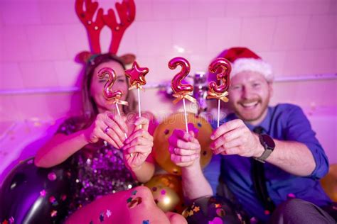 Couple Having Fun At New Year Party Midnight Countdown Holding Balloons 2023 Stock Image