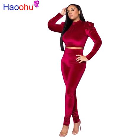 haoohu sexy velvet 2 two piece set women tracksuit rave festival clothing crop top and pants